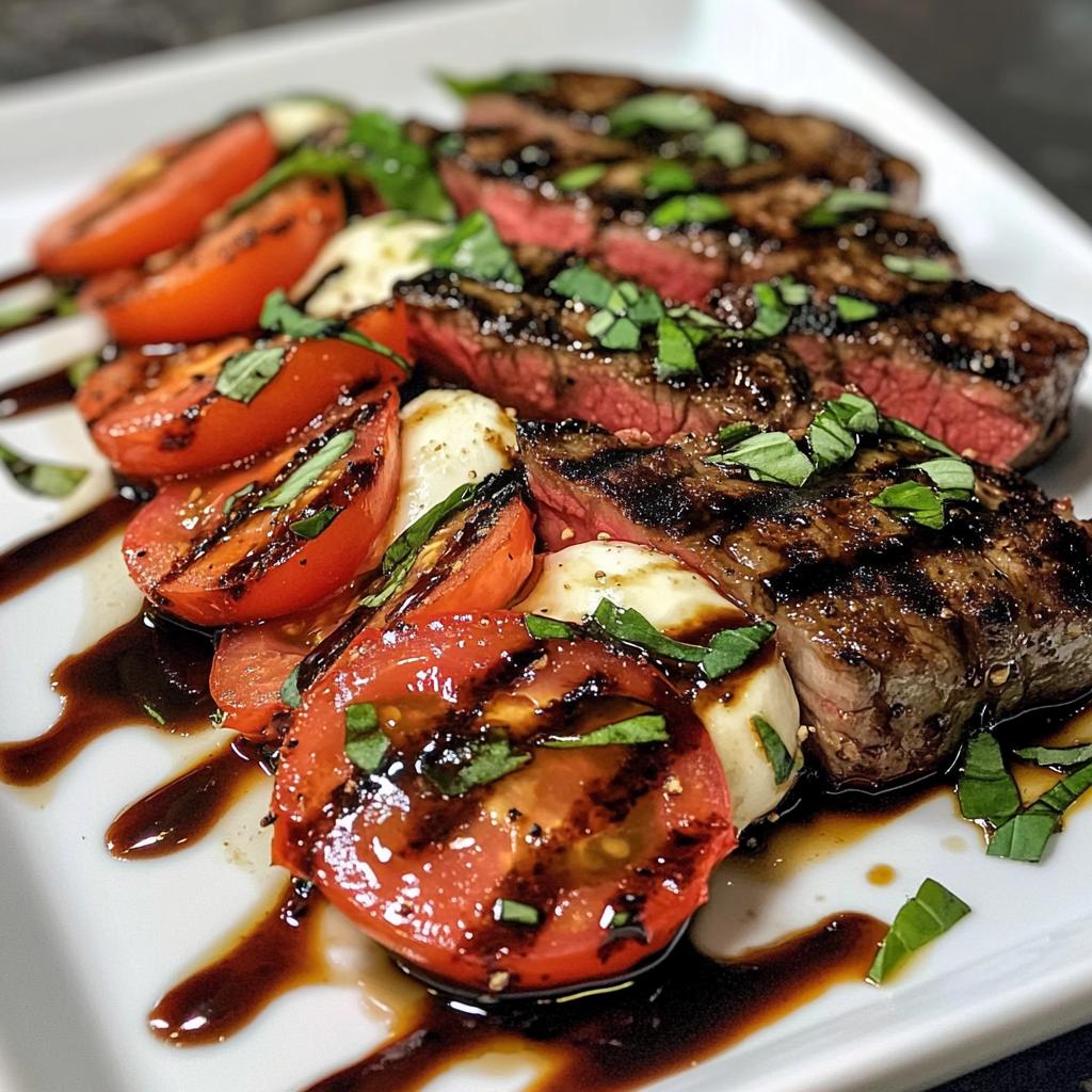 grilled balsamic steak caprese with mozzarella tomatoes and basil - detail 1