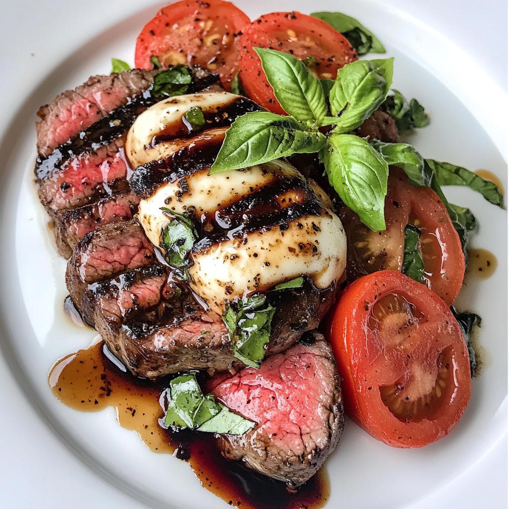 grilled balsamic steak caprese with mozzarella tomatoes and basil