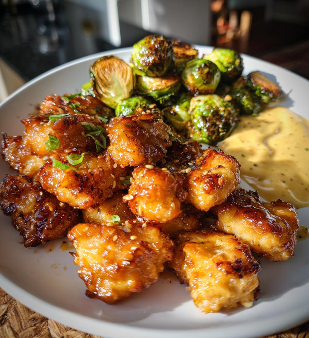 maple garlic chicken bites with spicy cajun alfredo crispy brussels twists - detail 1