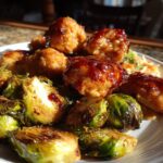 maple garlic chicken bites with spicy cajun alfredo crispy brussels twists
