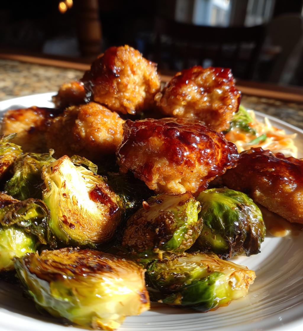 maple garlic chicken bites with spicy cajun alfredo crispy brussels twists