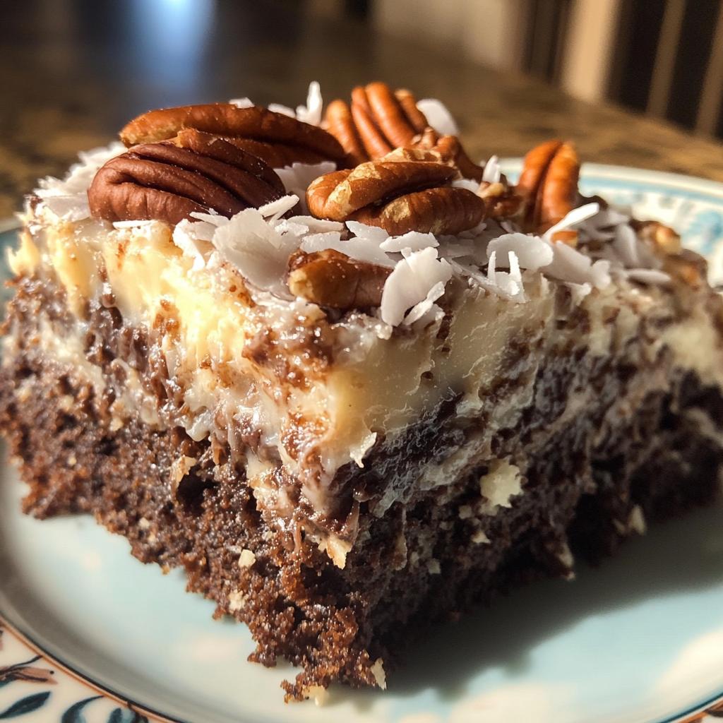 moist chocolate poke cake with coconut pecan topping