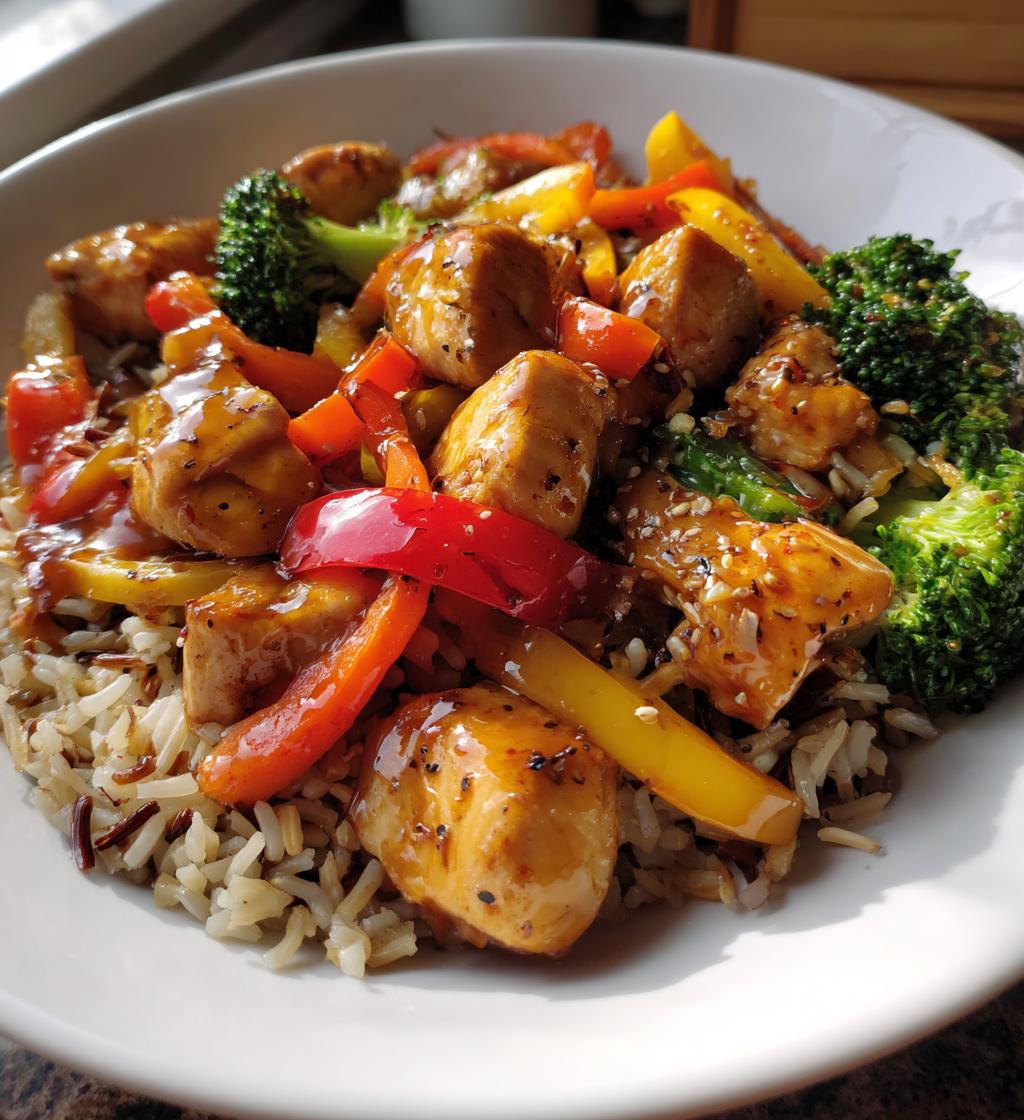 next level teriyaki chicken stir fry with rainbow veggies wild rice