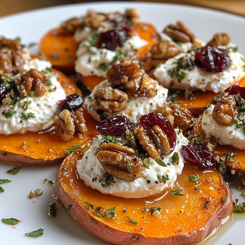 roasted sweet potato rounds with herbed ricotta walnuts and cranberries recipe - detail 1