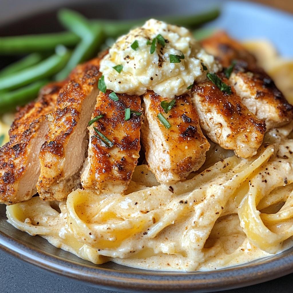 smoky paprika chicken alfredo with lemon feta whip charred green beans - detail 1
