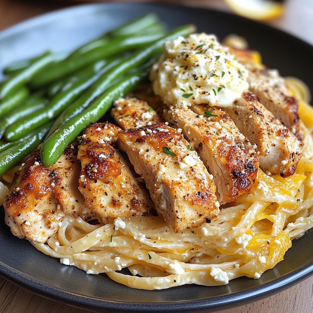 smoky paprika chicken alfredo with lemon feta whip charred green beans