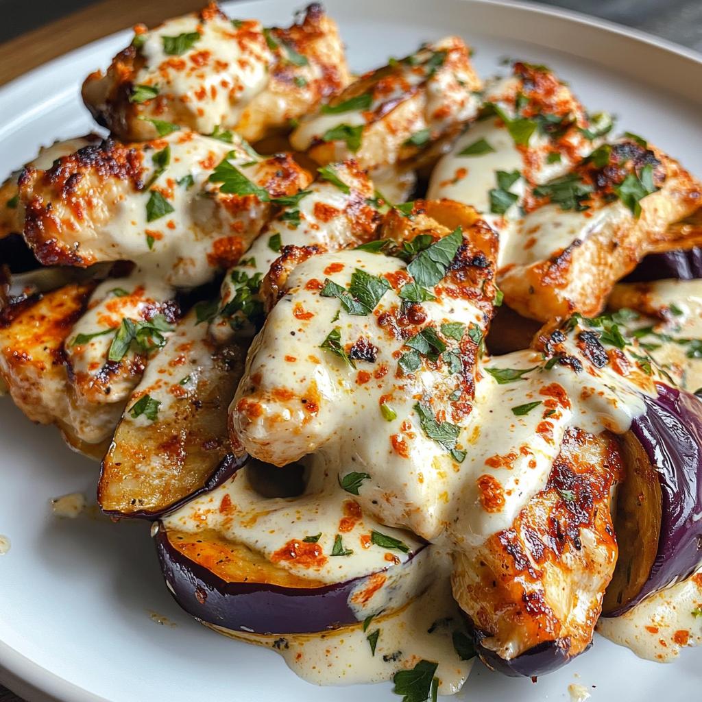 spicy whipped feta chicken alfredo with crispy eggplant wedges chili oil drizzle