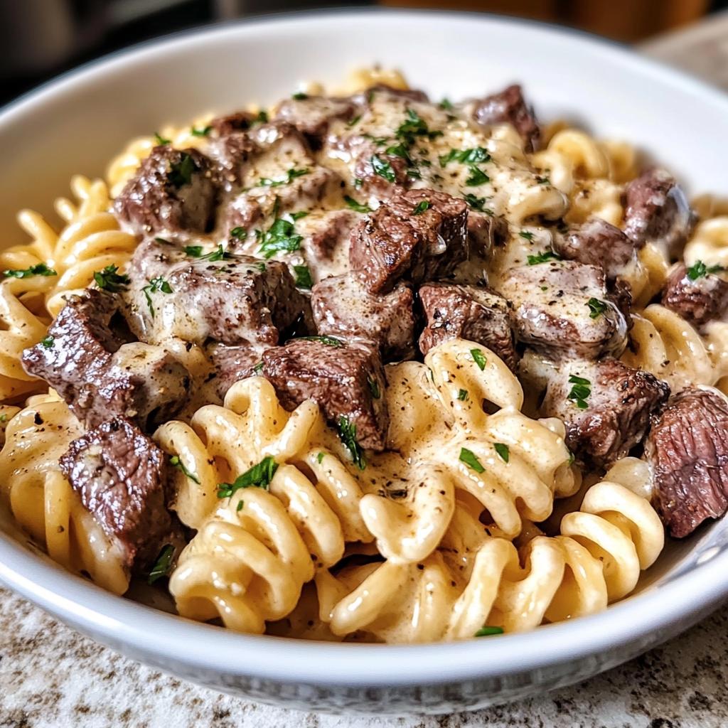 steak bites and cheesy rotini in garlic parmesan sauce