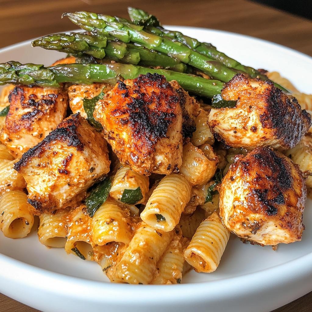 zesty greek chicken pasta with spicy harissa feta cream roasted asparagus crisps