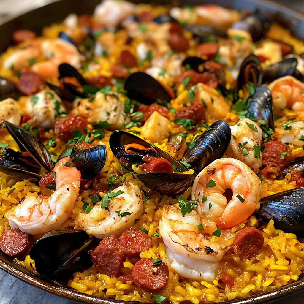 authentic spanish paella with seafood chorizo and chicken recipe - detail 1