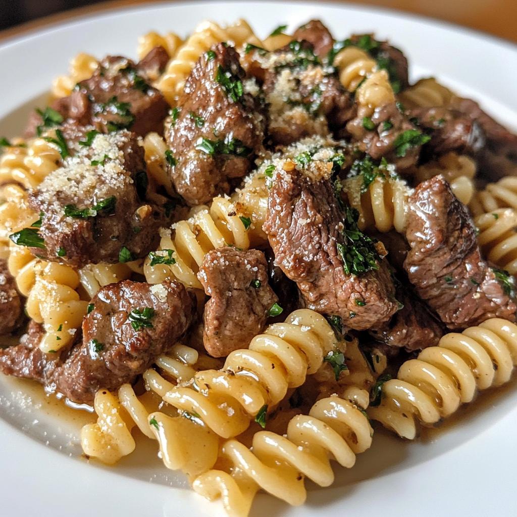 beef and rotini in garlic parmesan sauce