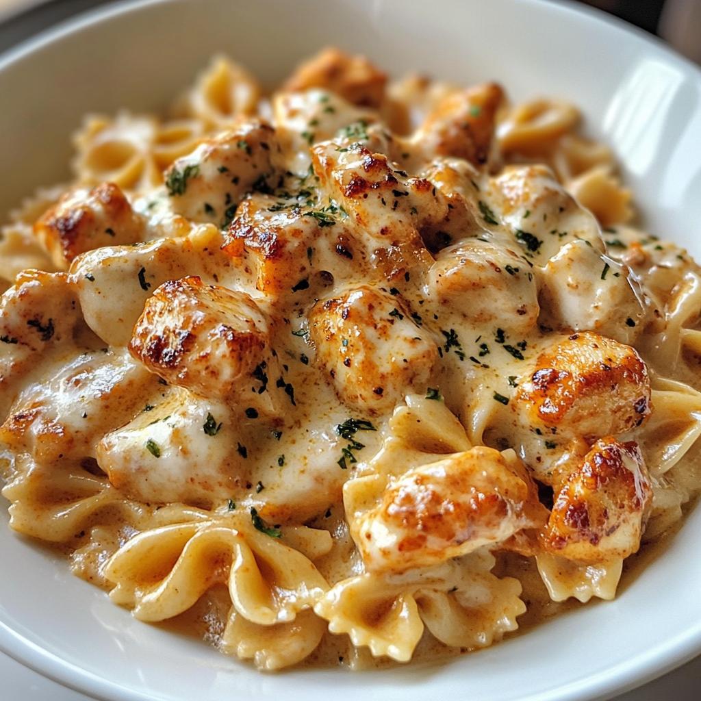 bowtie pasta with creamy cajun chicken and mozzarella cheese sauce - detail 1