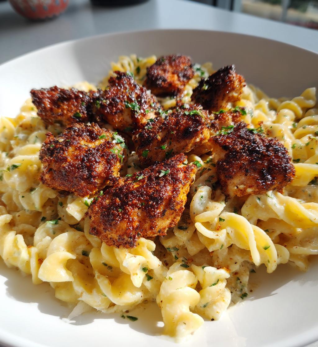 cajun chicken bites with creamy garlic herb alfredo twists - detail 1