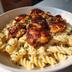 cajun chicken bites with creamy garlic herb alfredo twists