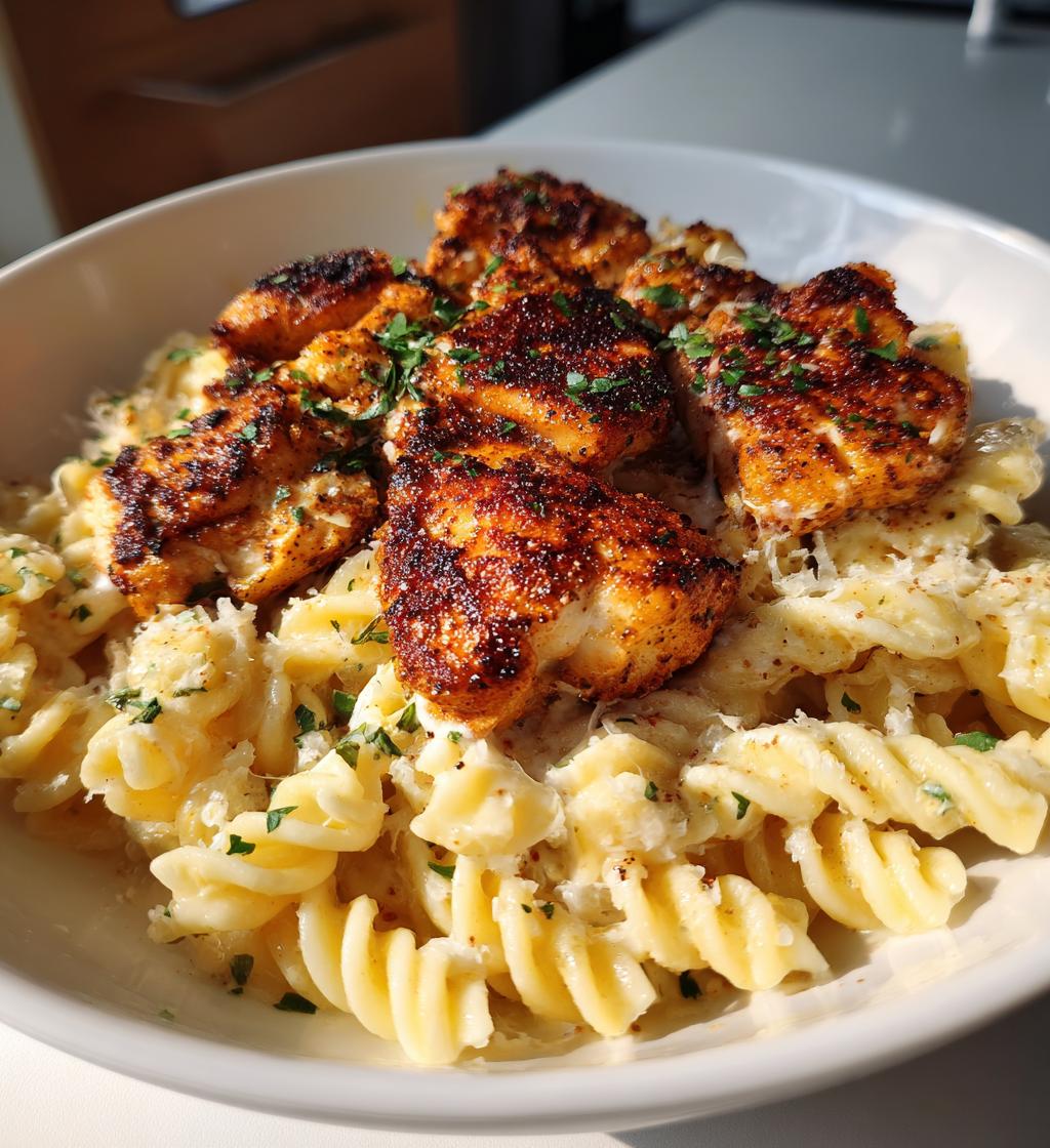 cajun chicken bites with creamy garlic herb alfredo twists