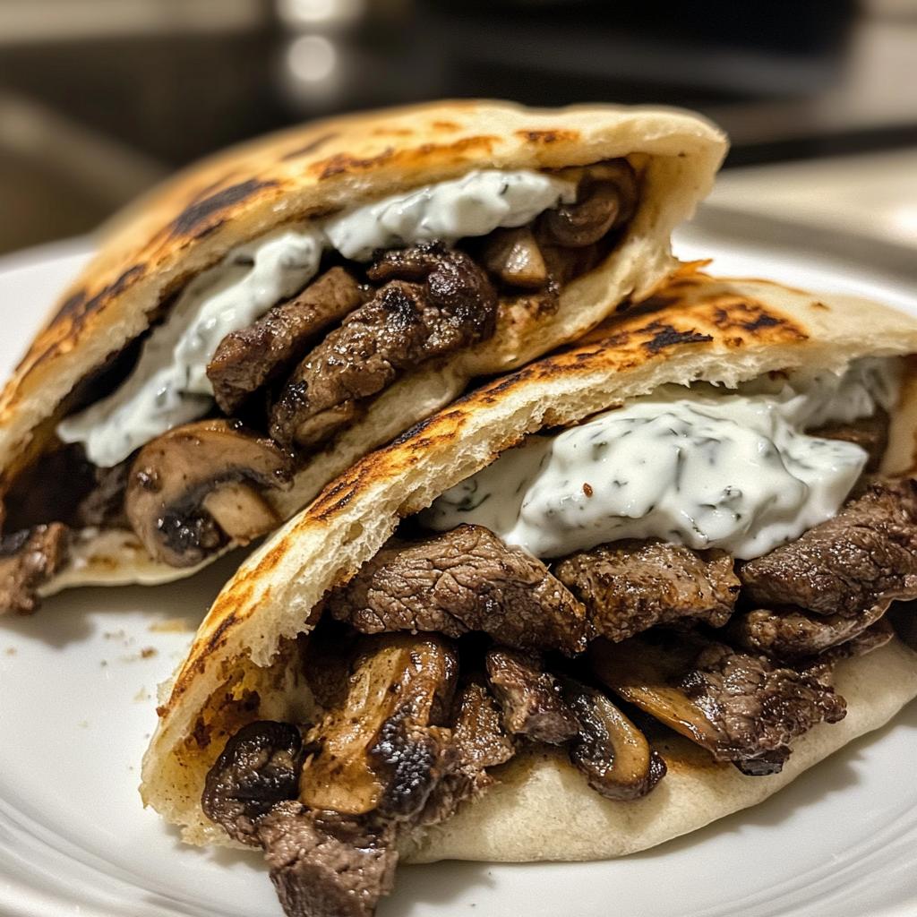 cheesy beef and mushroom pita pockets with tzatziki sauce