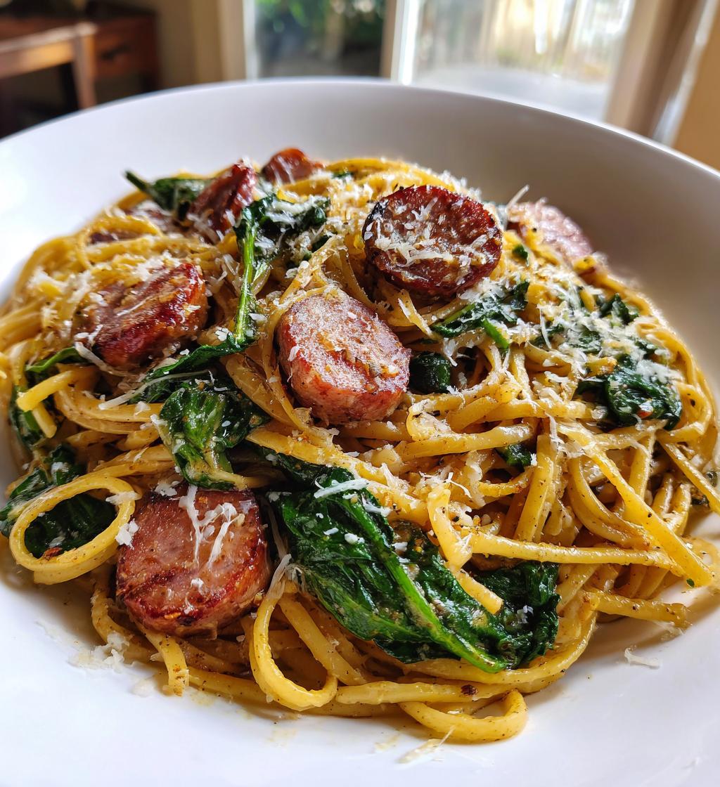 cheesy garlic butter linguine with beef sausage and spinach