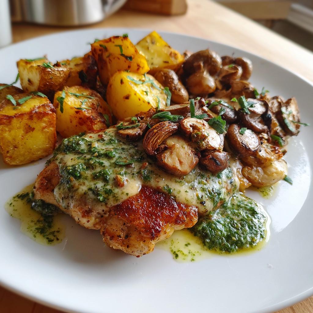 chestnut garlic greek chicken alfredo with sage potatoes mushroom basil pesto