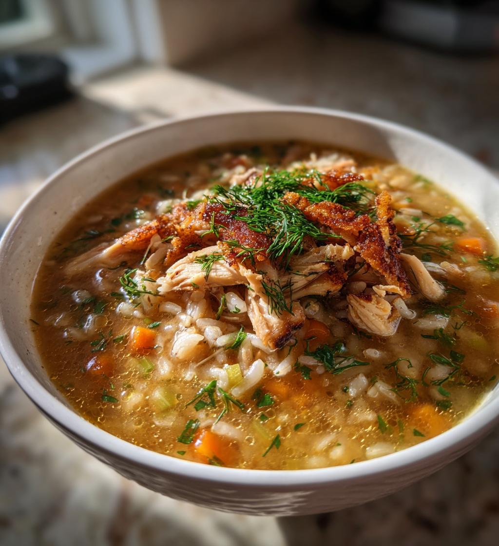 chicken and wild rice soup with crispy chicken skin and fresh dill recipe