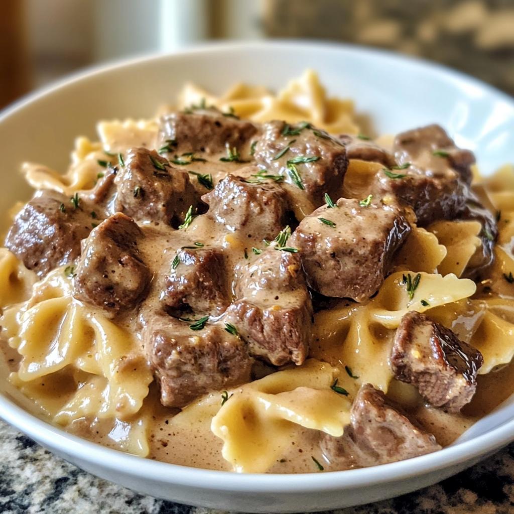creamy beef and bowtie pasta