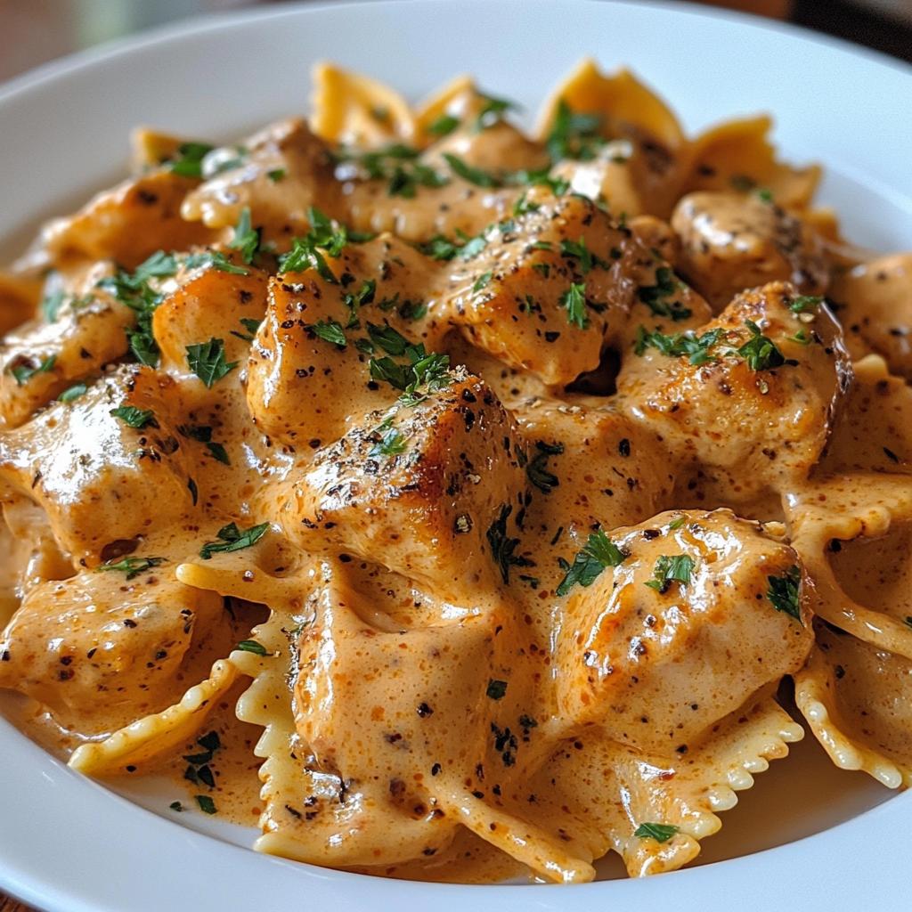 creamy cajun chicken bowtie pasta with garlic cheese sauce - detail 1
