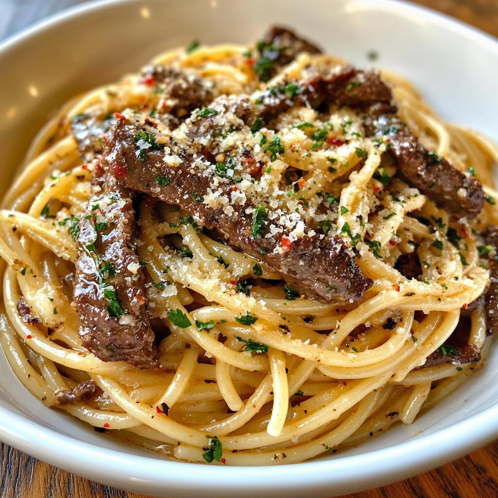 creamy cajun garlic butter spaghetti with beef strips