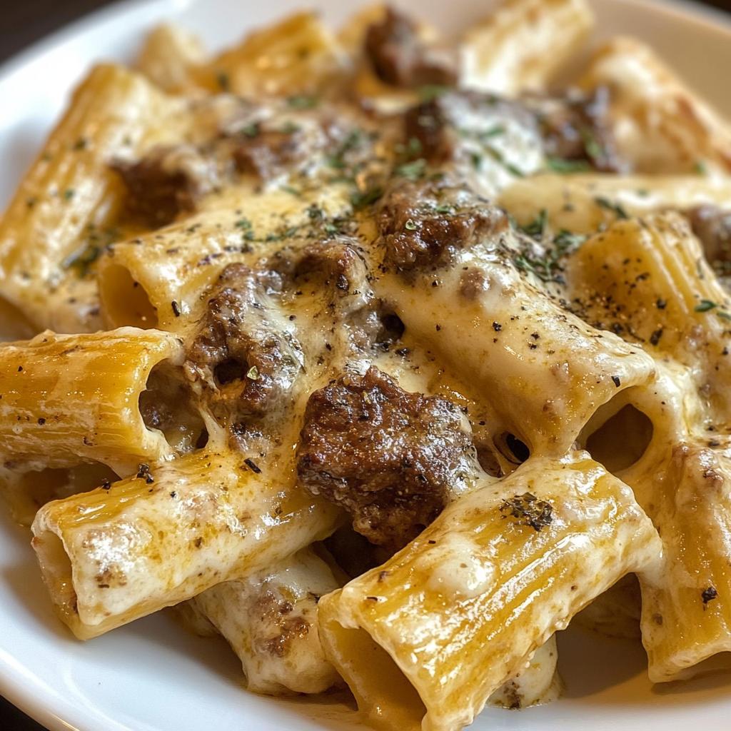 creamy cheesy garlic butter rigatoni with savory beef
