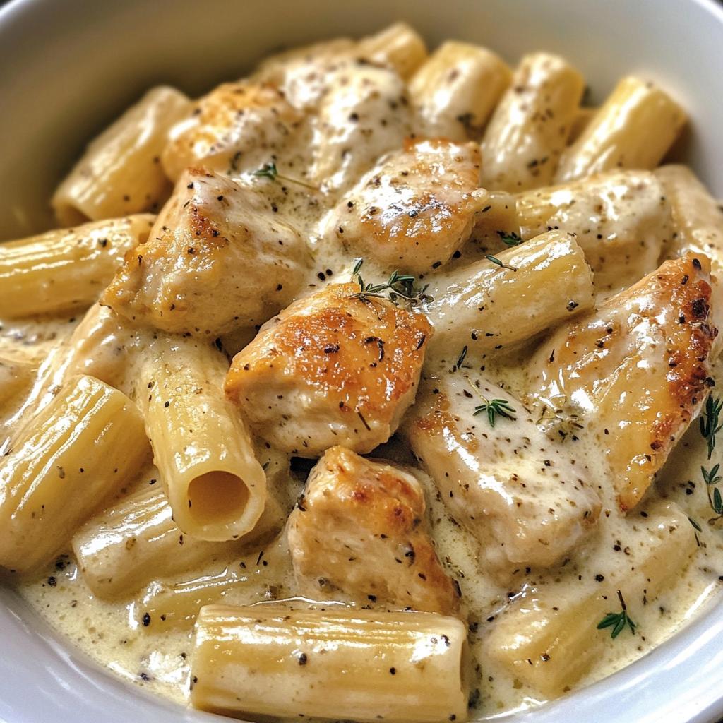 creamy garlic butter chicken and rigatoni in parmesan sauce - detail 1