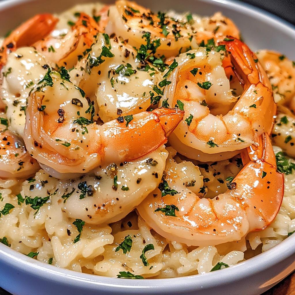 creamy garlic butter shrimp bowl with herb rice