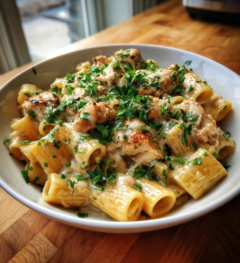 creamy parmesan chicken with rigatoni pasta