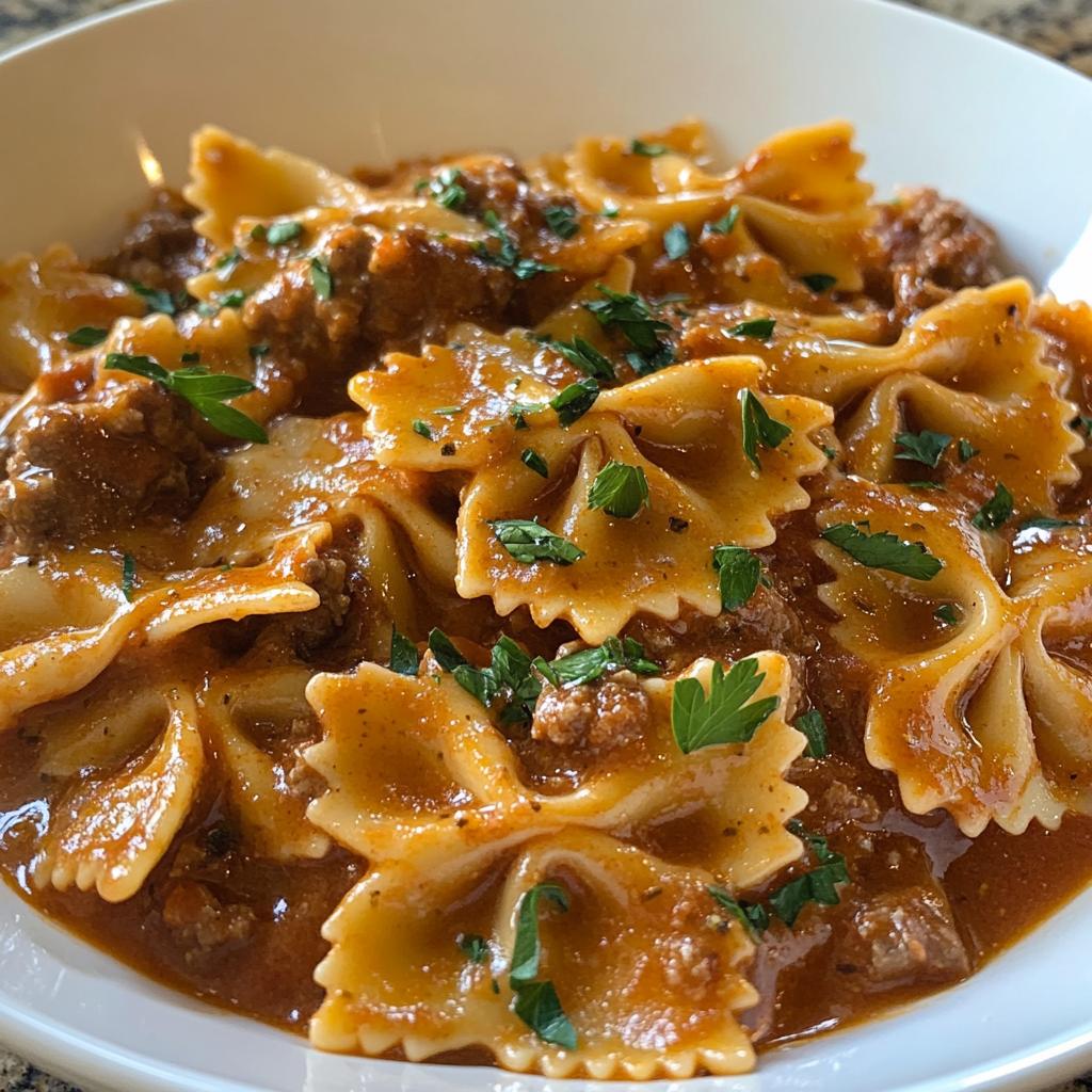 creamy velveeta bowtie pasta with italian beef marinara