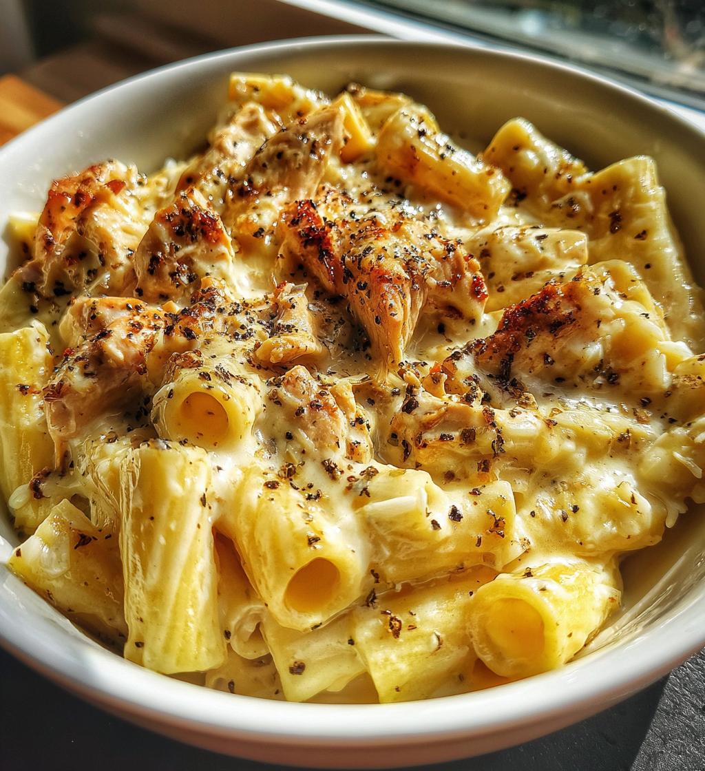 creamy velveeta chicken rigatoni with mozzarella garlic sauce