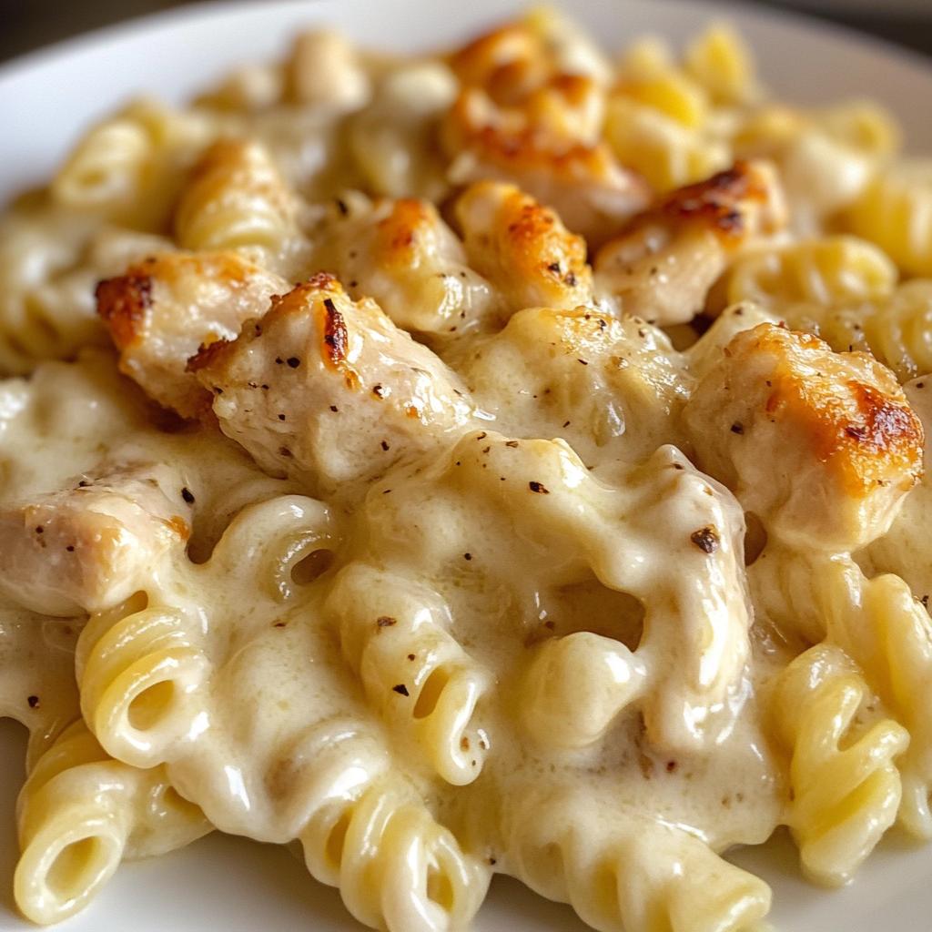 creamy velveeta chicken rotini pasta with mozzarella garlic cheese sauce - detail 1