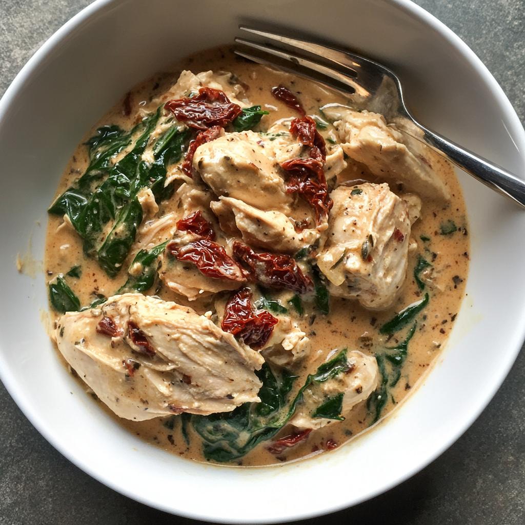crockpot tuscan chicken with creamy sun dried tomato and spinach sauce recipe - detail 1