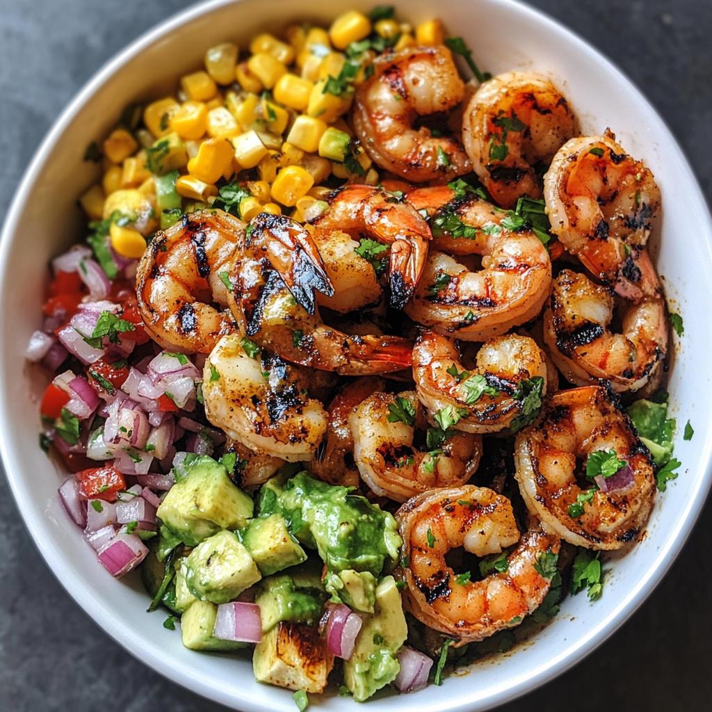 easy grilled shrimp bowl recipe with avocado corn salsa