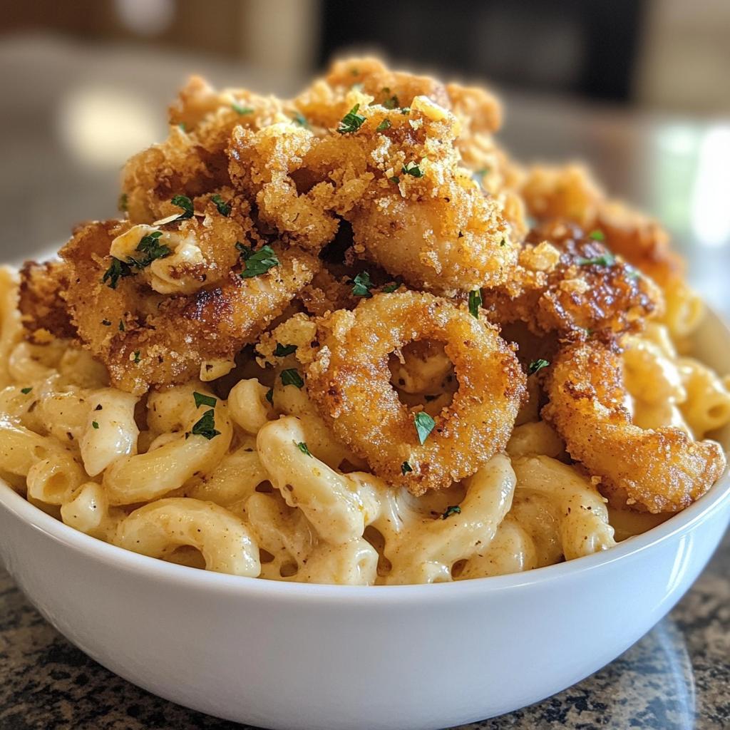 garlic butter chicken bites cajun alfredo mac with crispy onion topping