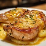 garlic butter pork chops with cheesy potato bake