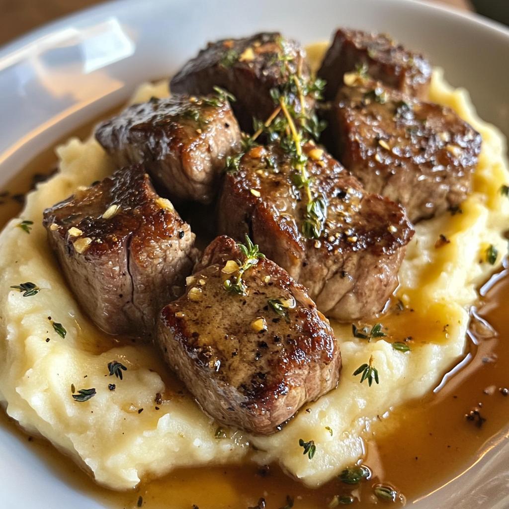 garlic butter steak bites and mash
