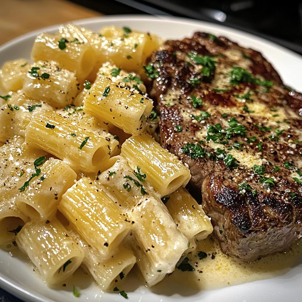 garlic butter steak with creamy parmesan rigatoni