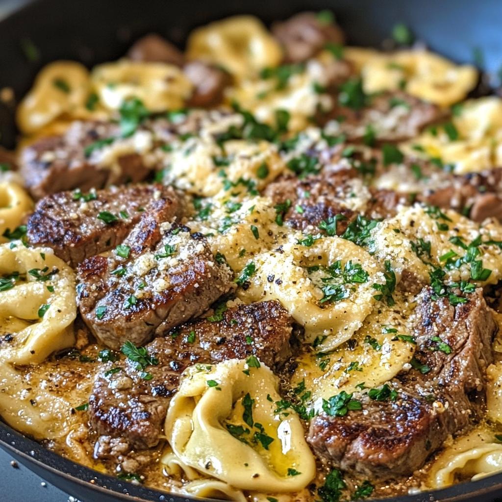 garlic steak cheese filled tortellini skillet
