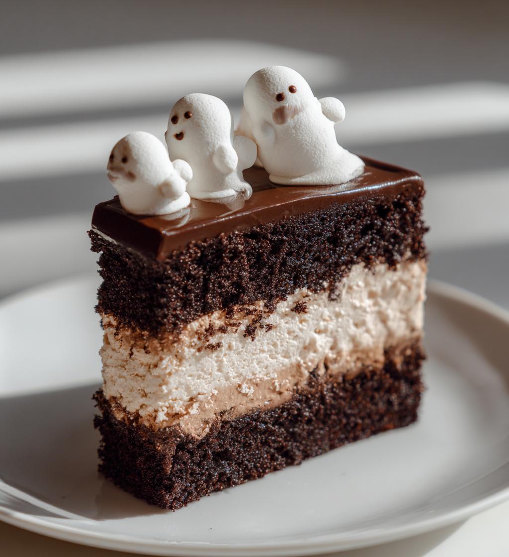ghost cake with meringue ghosts buttercream frosting and chocolate ganache recipe - detail 1