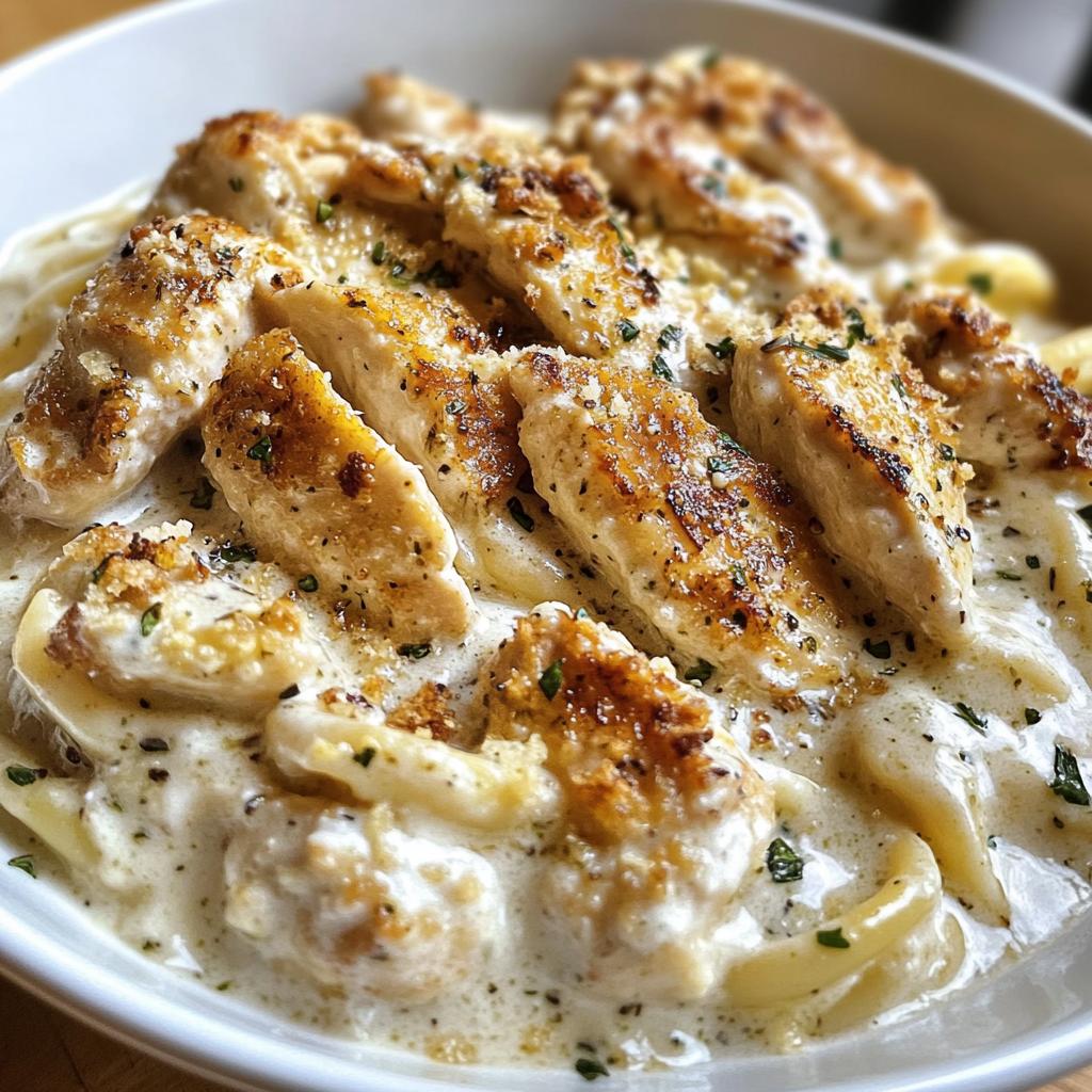 herbed chicken alfredo with truffle feta cream crispy parmesan leeks