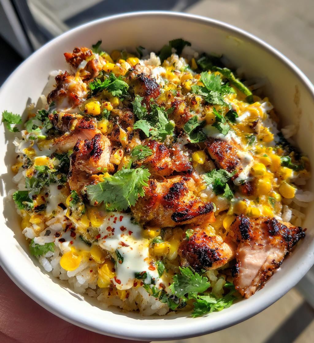 loaded street corn chicken rice bowl