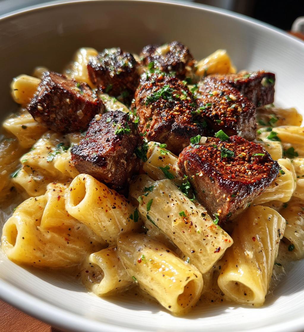 rigatoni in garlic butter parmesan cream sauce with cajun steak tips