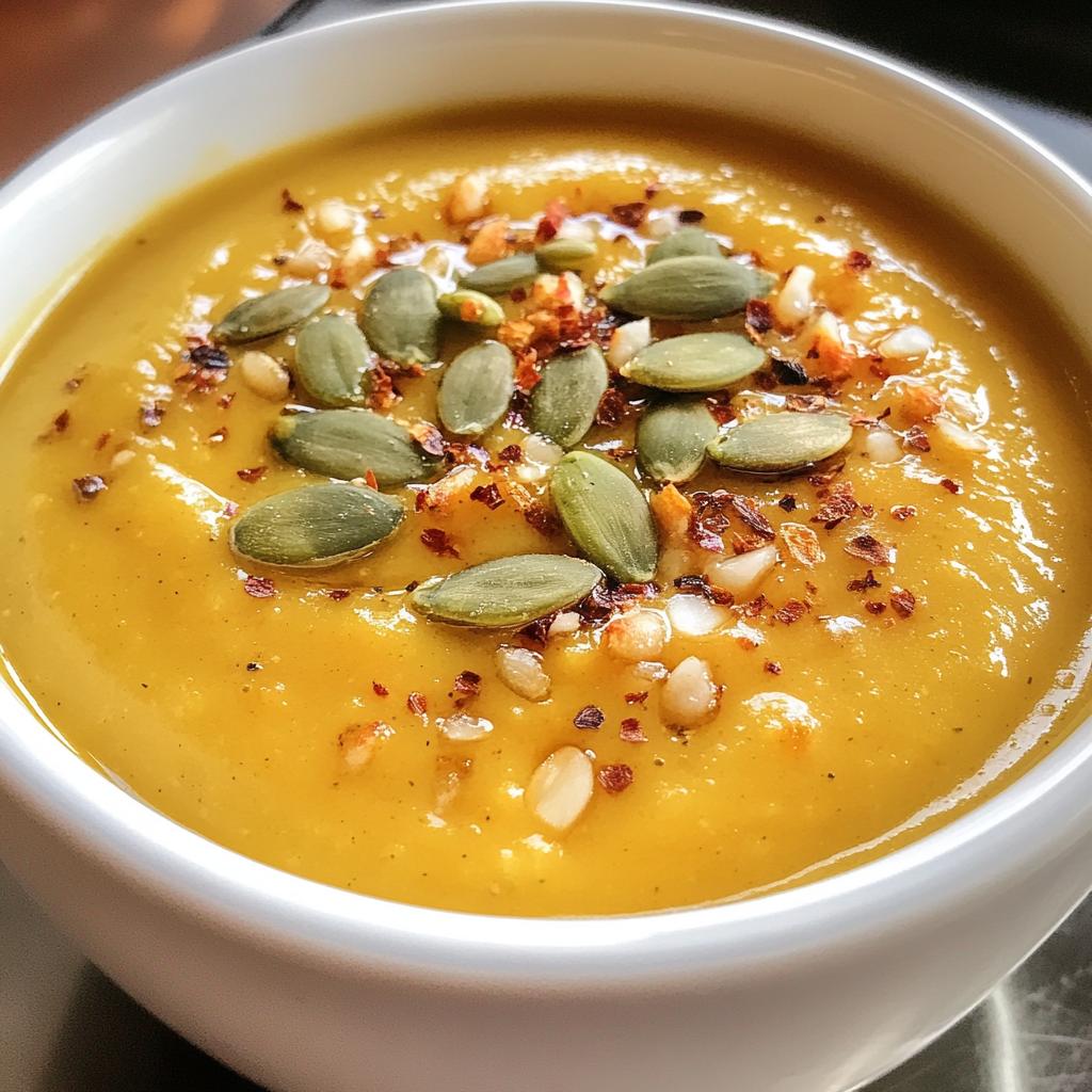 roasted garlic sage pesto pumpkin soup with spicy fried pumpkin seeds recipe