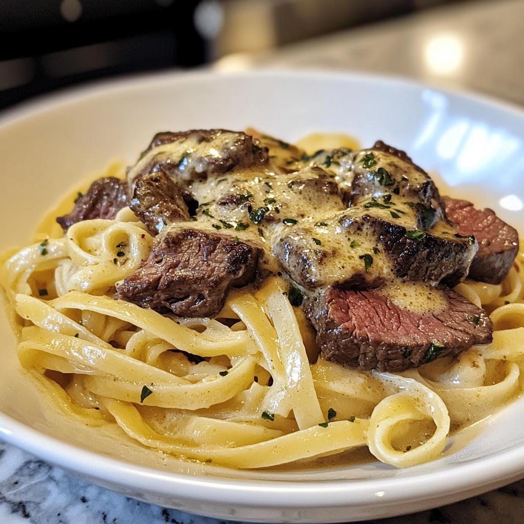 savory beef linguine with velvety garlic butter sauce