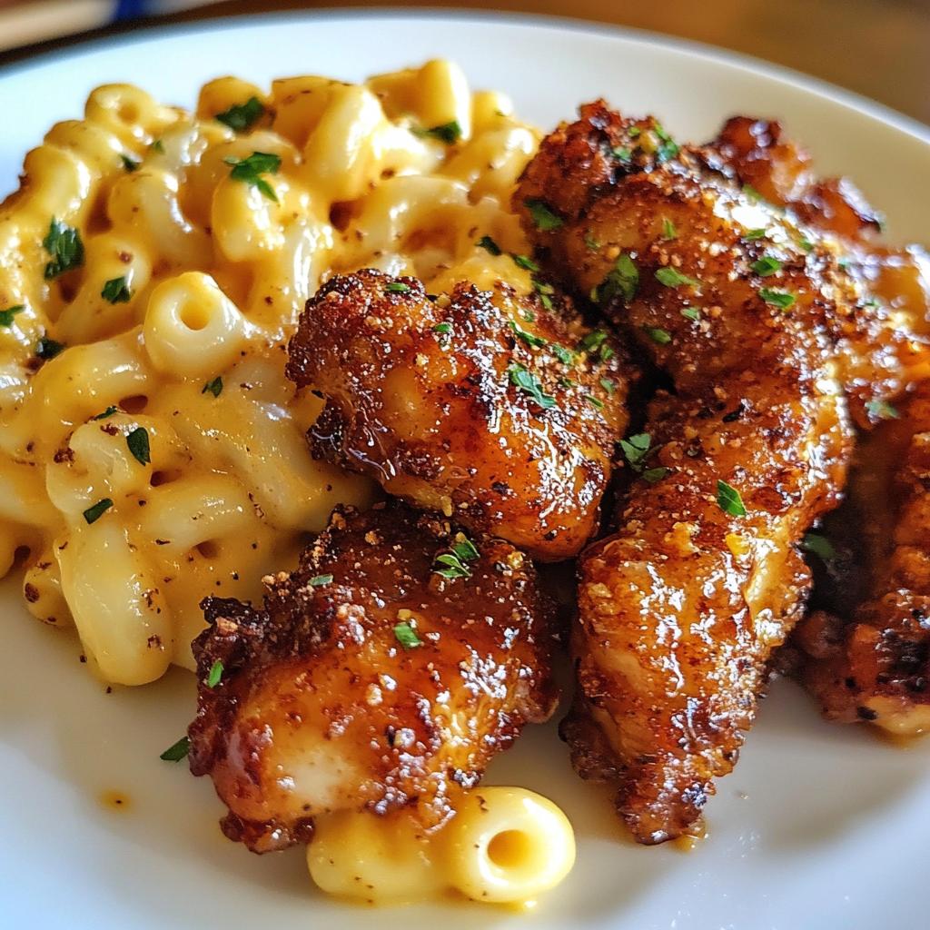 sweet and spicy honey pepper chicken with creamy macaroni cheese