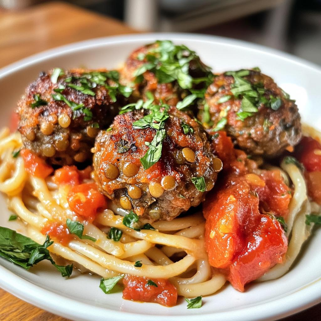 vegetarian lentil and mushroom meatballs with roasted tomato pasta recipe