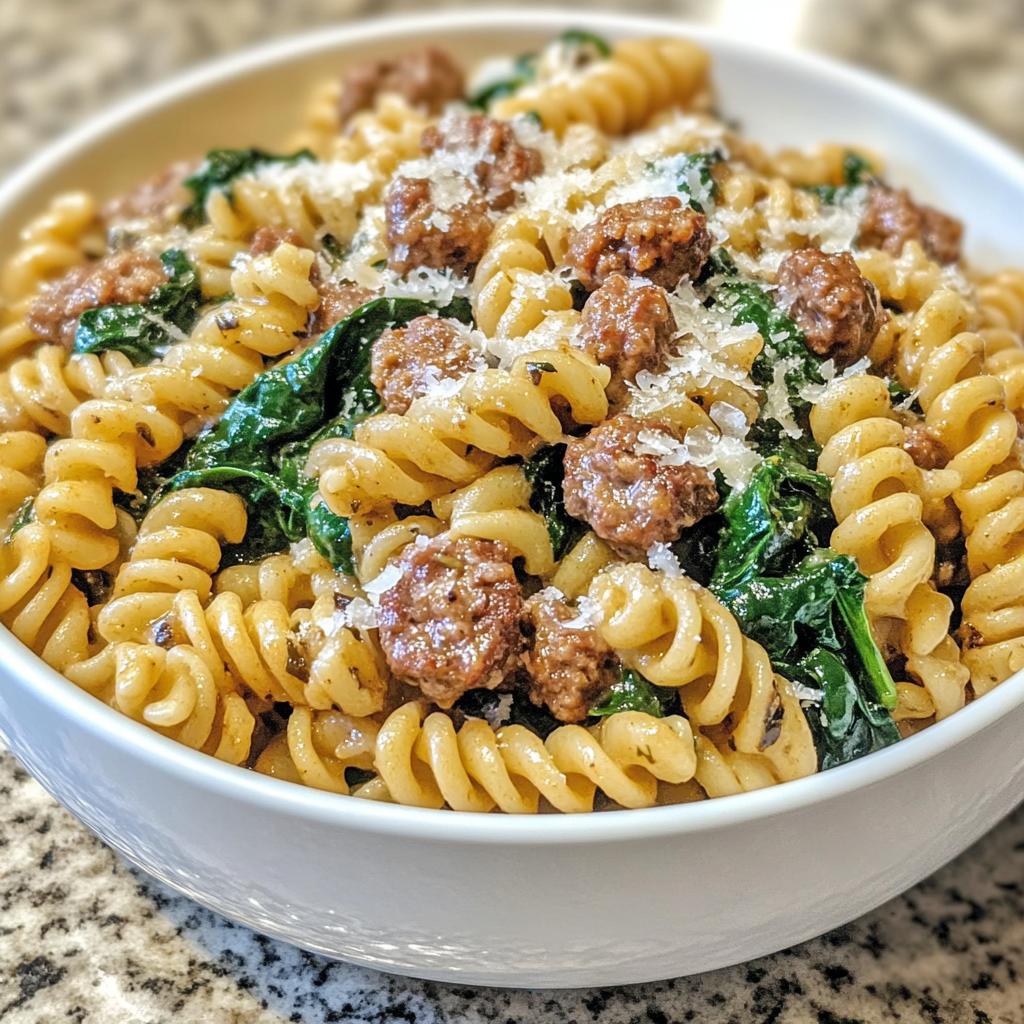 weeknight garlic butter rotini with beef italian sausage and spinach