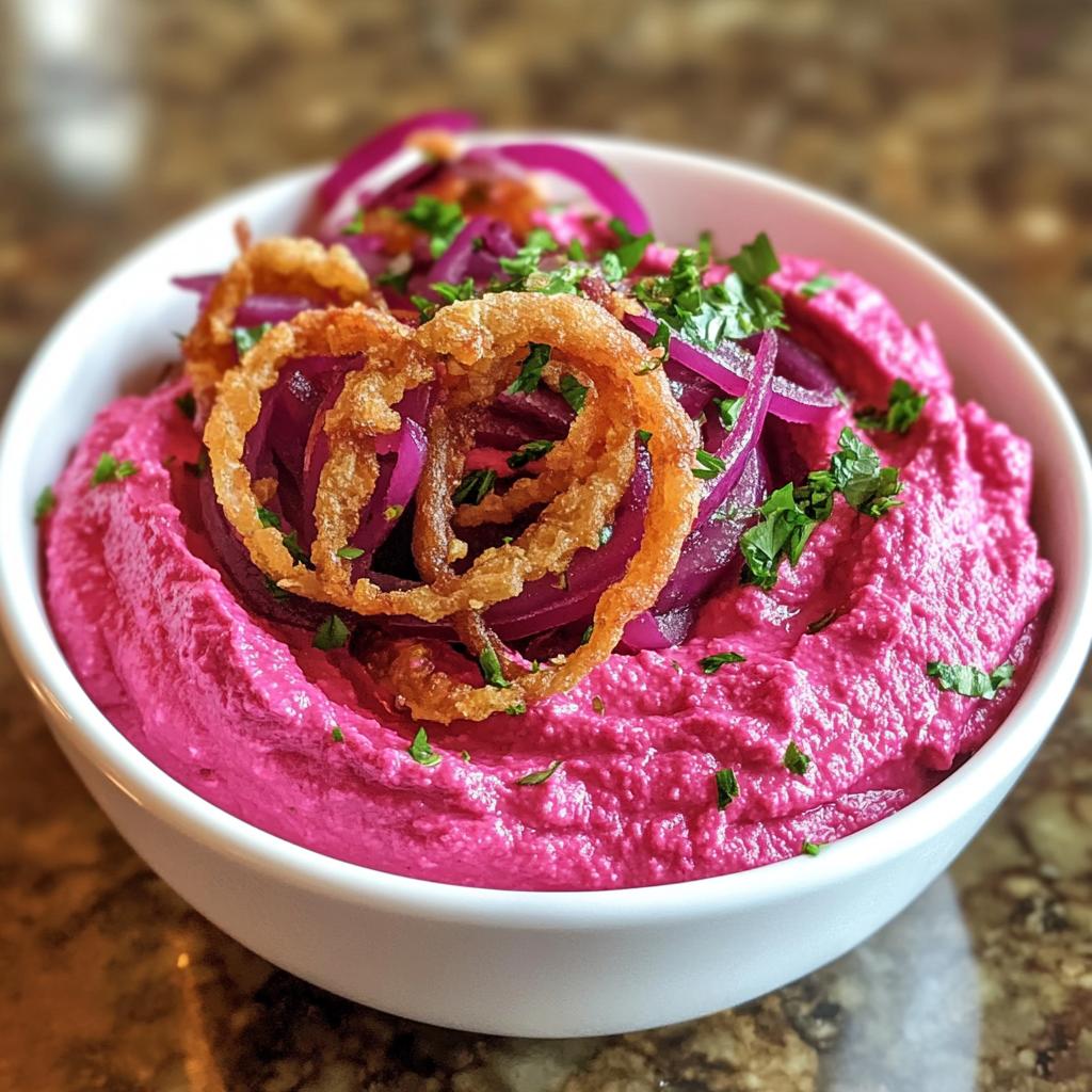 Biet-hummus met knapperige ui - detail 1